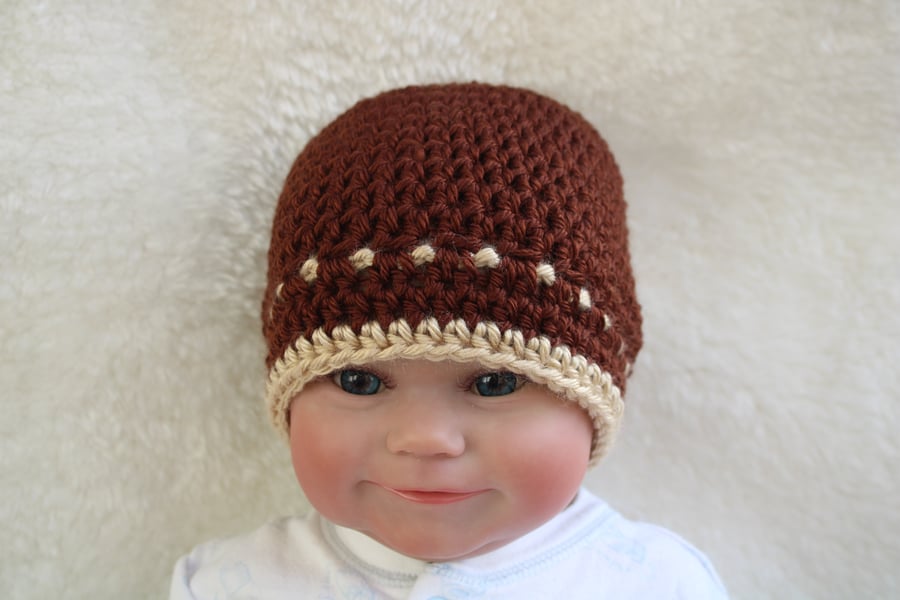 Baby Beanie Hat - 0-3 Months - Brown and Beige - Unisex Baby Boy Baby Girl