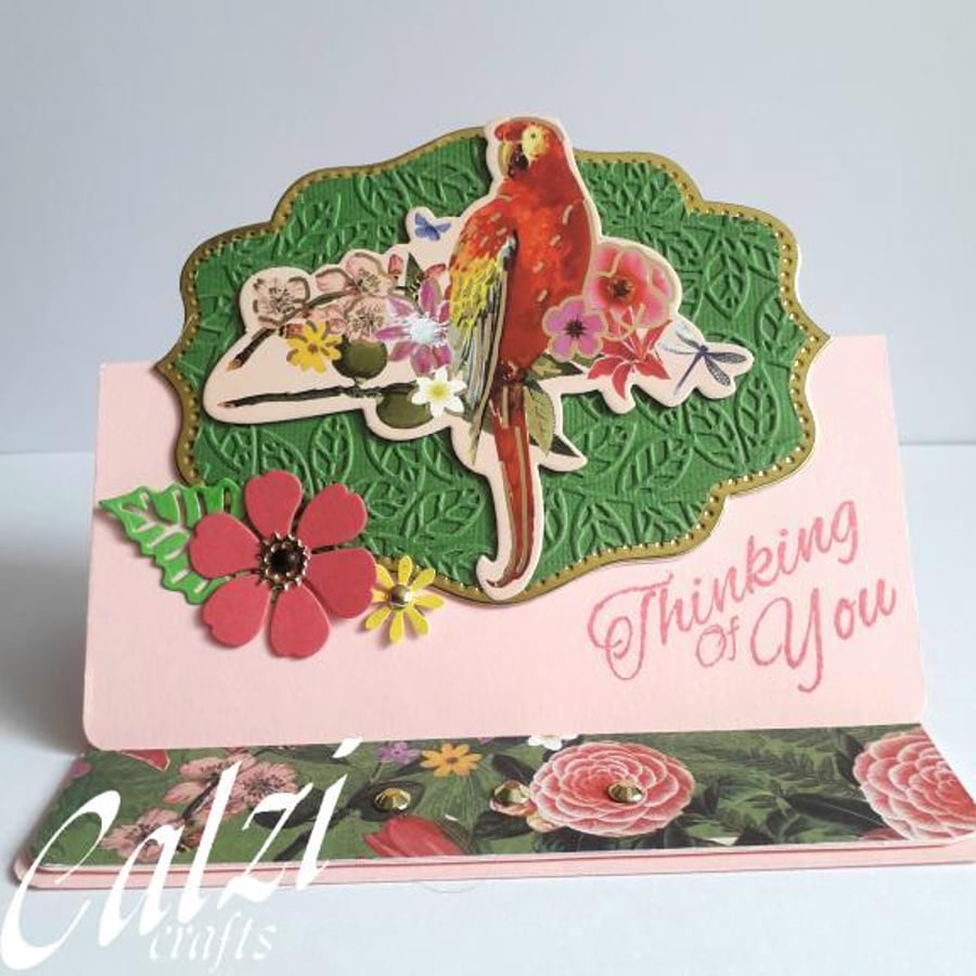 Parrot & Flowers Thinking Of You Blank Easel Style Greeting Card