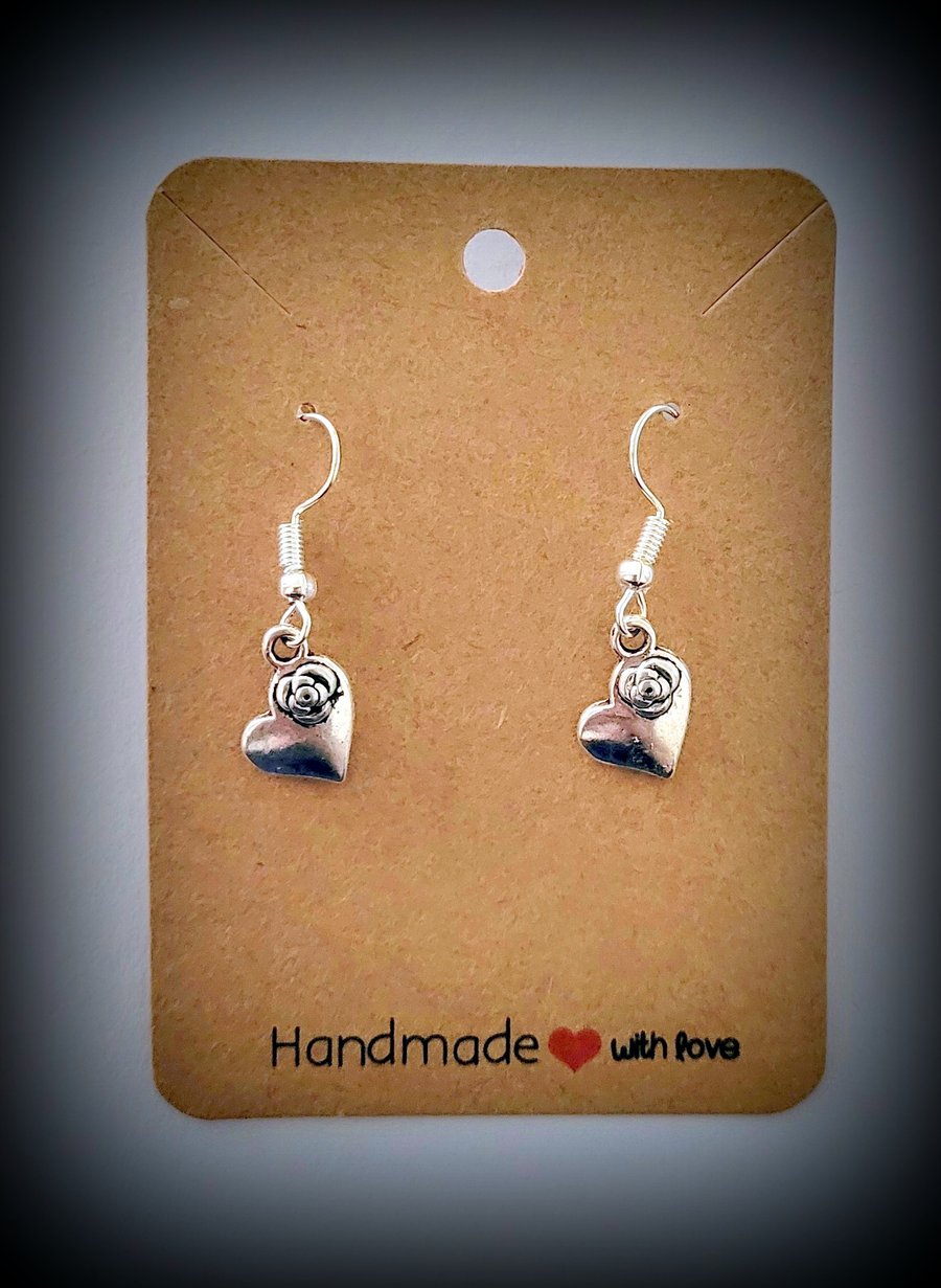 Silver Mini Heart Charm Dangle Earrings on Silver Plated Earring Hooks