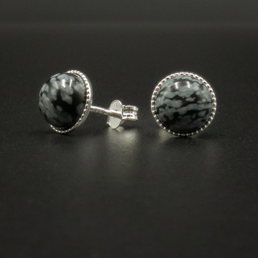 Snowflake obsidian sterling silver gemstone 8mm stud earrings : Capricorn gift