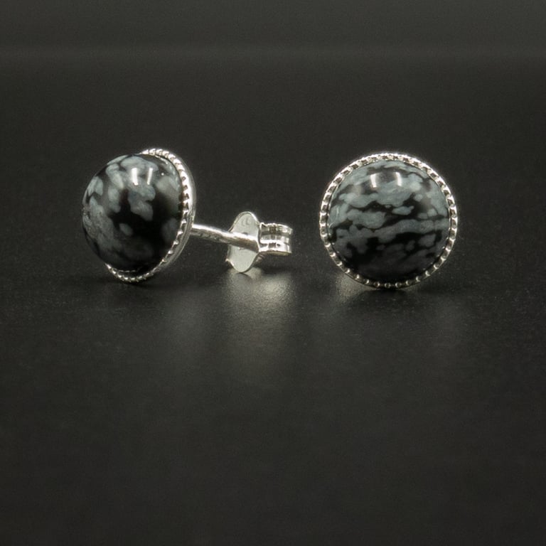 Snowflake obsidian sterling silver gemstone 8mm stud earrings : Capricorn gift