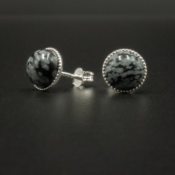 Snowflake obsidian sterling silver gemstone 8mm stud earrings : Capricorn gift