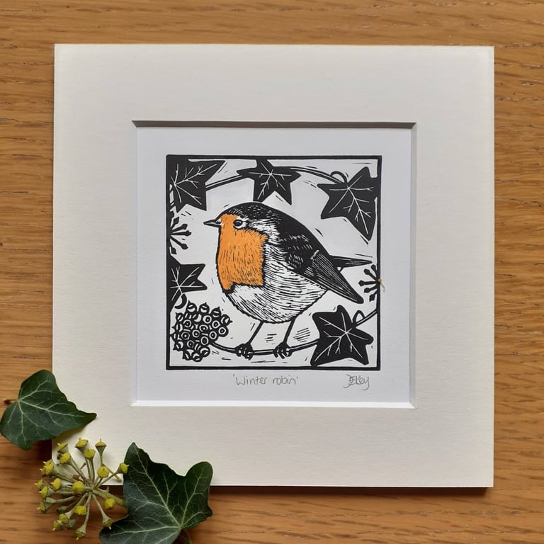 Winter robin - original, hand painted, mounted linocut print