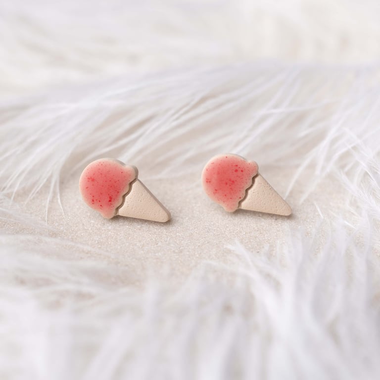 Pink Ice Cream Stud Earrings: Handmade Polymer Clay Earrings