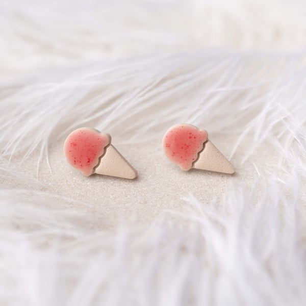 Pink Ice Cream Stud Earrings: Handmade Polymer Clay Earrings