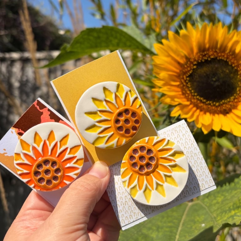 Handmade Ceramic Sunflower brooch, Hand Made Pottery Badge