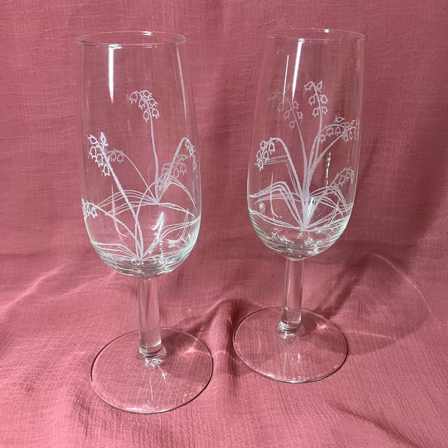 Hand Engraved Bluebell Champagne Glasses 