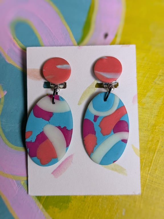 CLIP ON dangly blue and orange lightweight earrings