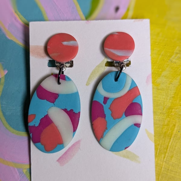 CLIP ON dangly blue and orange lightweight earrings