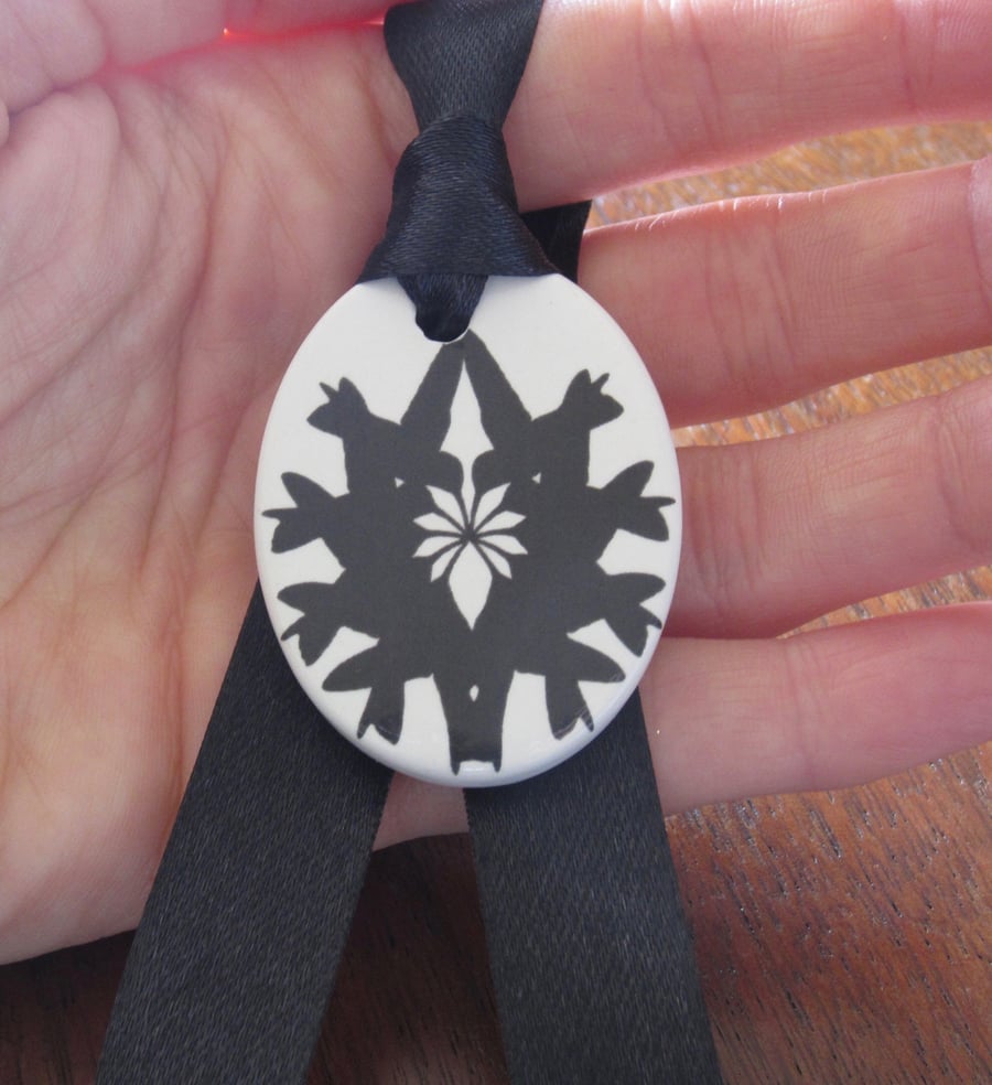 Hummingbird Silhouette Ceramic Pendant on Adjustable Black Ribbon with Poppers