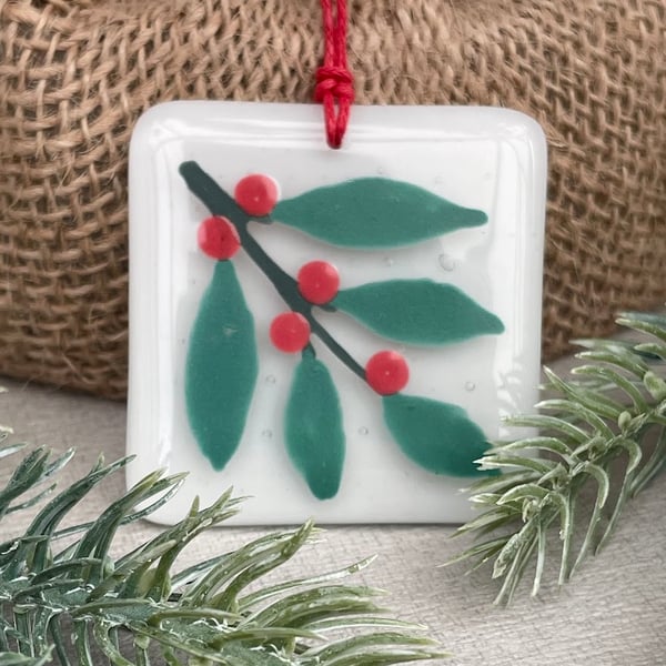 Fused Glass Christmas Tree Decoration - Berry Sprig