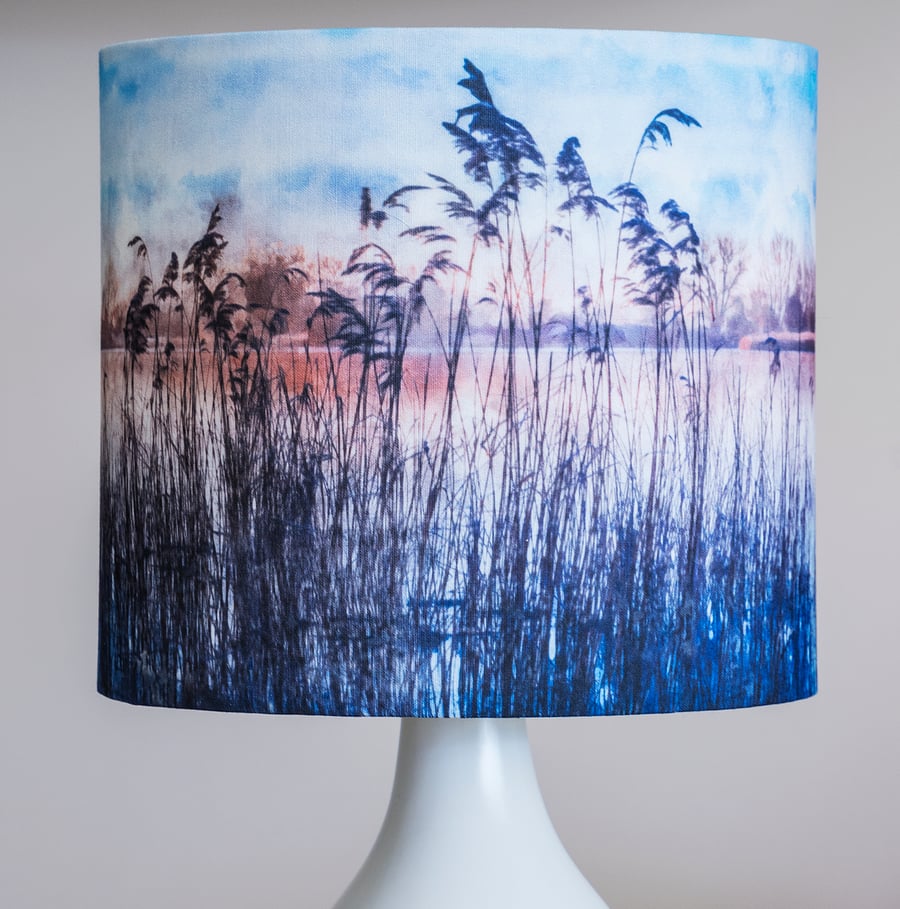20cm round drum table-lamp lampshade landscape countryside lake view unique