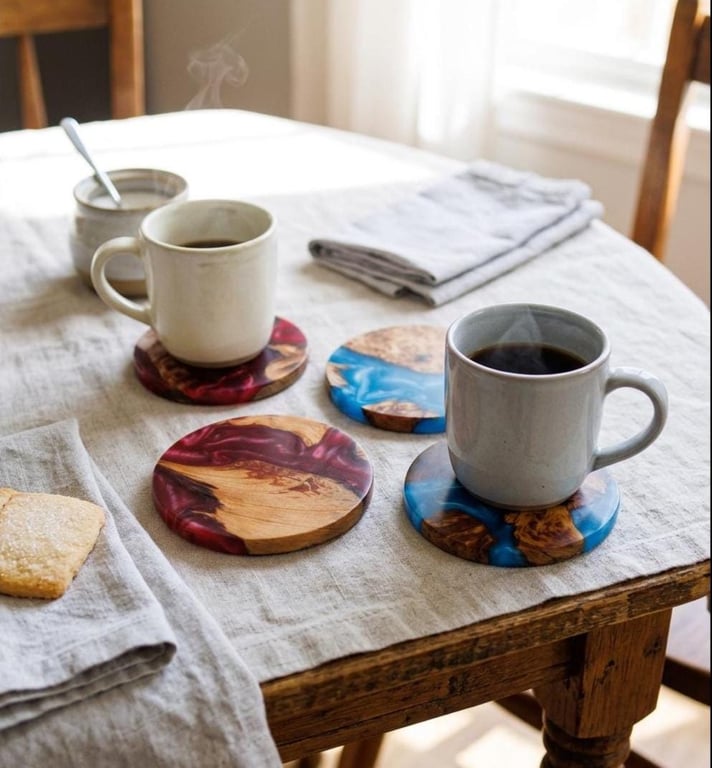 Dinner Party Scottish Lochs Wood Resin Coasters Handmade - 4 Set - Housewarming