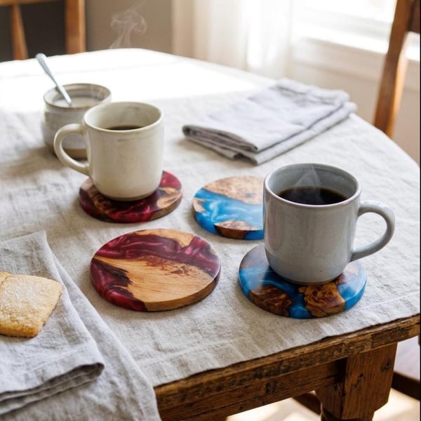 Dinner Party Scottish Lochs Wood Resin Coasters Handmade - 4 Set - Housewarming