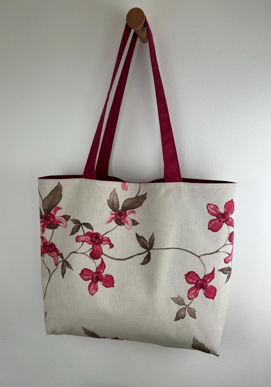 Red Flowers Tote - Long Handled Bag - Fully Lined Tote