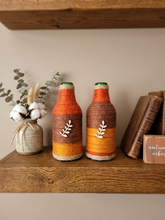 Handmade Autumn Yarn Wrapped Glass Bottle Vases - Set of 2 - Rustic Leaf Detail