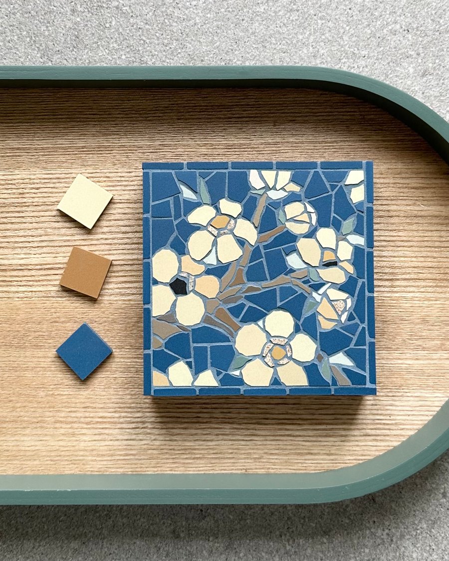 Mosaic Floral Art - Blossom Mosaic Wall Plaque in Navy Blue