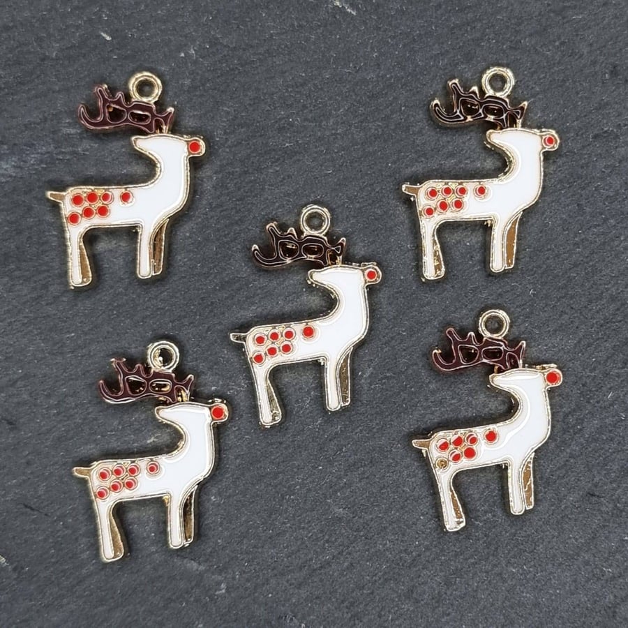 5 reindeer enamel charms, 5 Rudolph enamel Christmas charms 