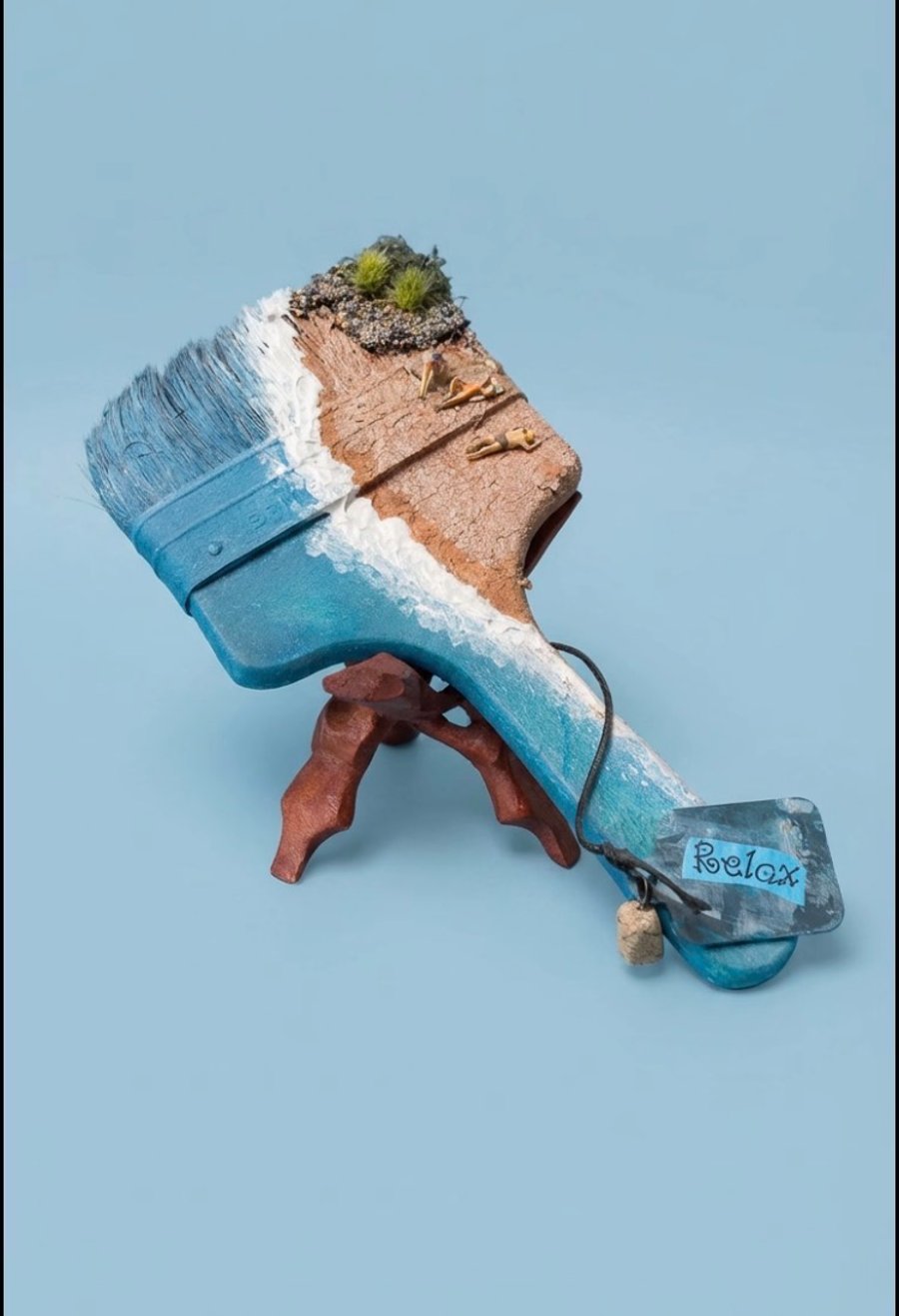 Miniature Beach Diorama on Altered Paintbrush - Hand-Sculpted Summer Art