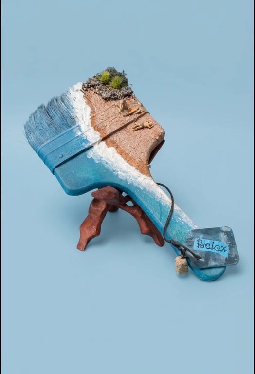 Miniature Beach Diorama on Altered Paintbrush - Hand-Sculpted Summer Art
