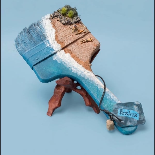 Miniature Beach Diorama on Altered Paintbrush - Hand-Sculpted Summer Art