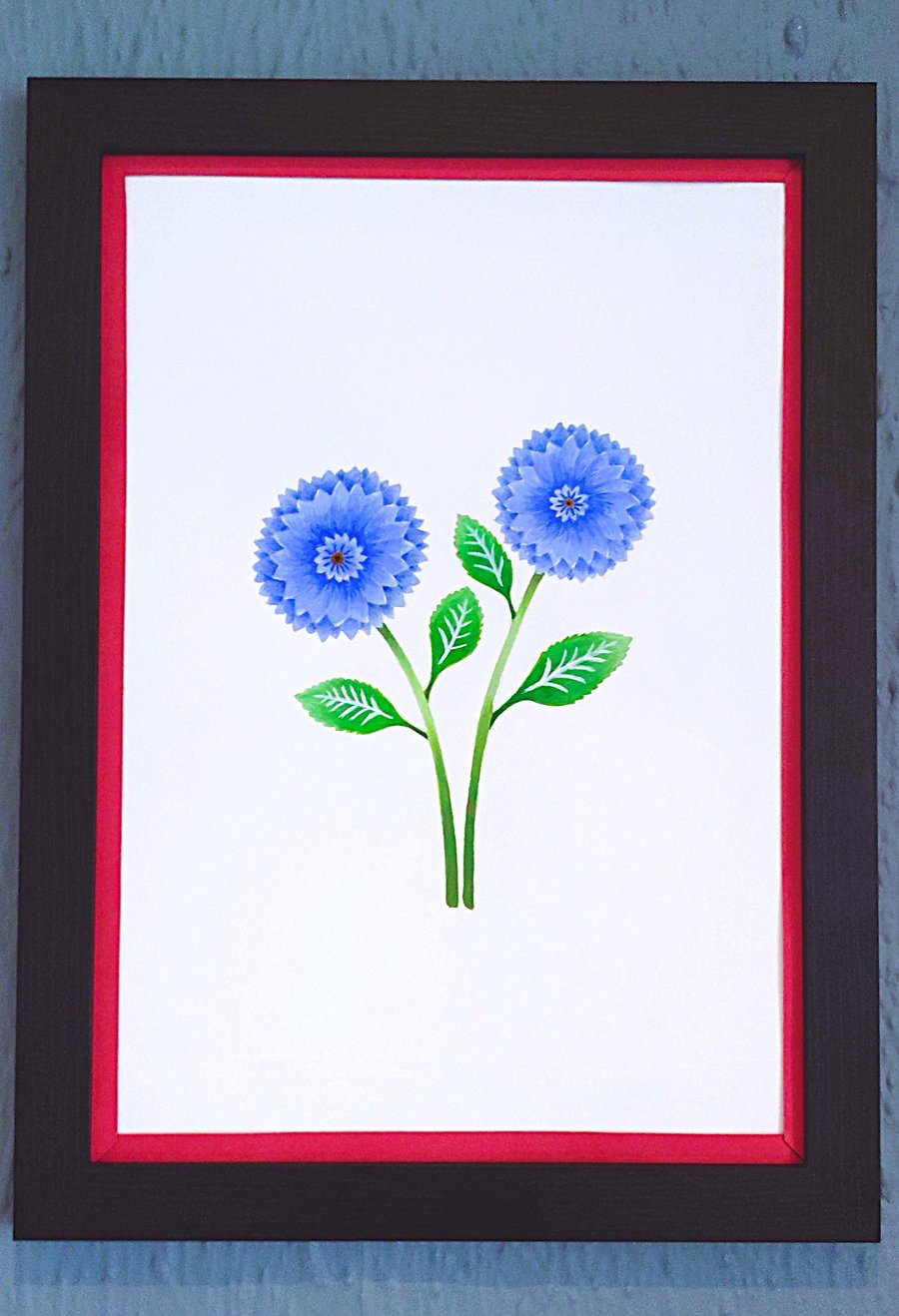 Genuine Made in UK Framed A3 Print Blue Dahlia Bold Red Border Wallart     
