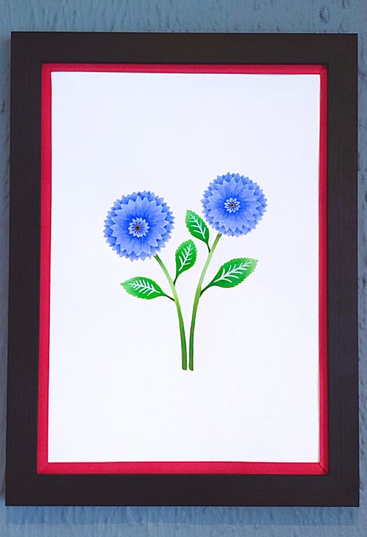 Genuine Made in UK Framed A3 Print Blue Dahlia Bold Red Border Wallart     
