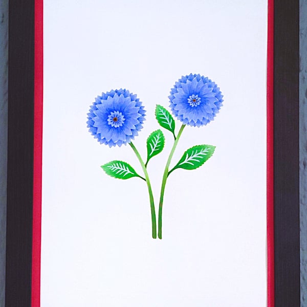 Genuine Made in UK Framed A3 Print Blue Dahlia Bold Red Border Wallart     