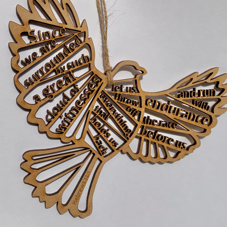 'Laser Tweet' - Hebrews 12:1 (wood, 18cm)