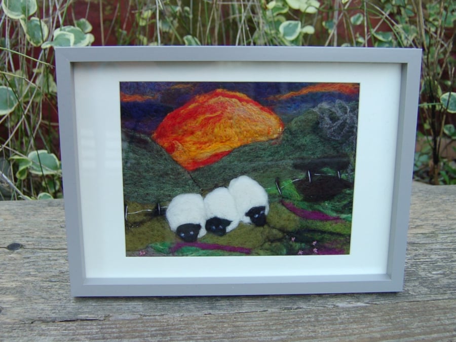 Needle felt picture Early morning Sheep -Yorkshire dales landscape - 