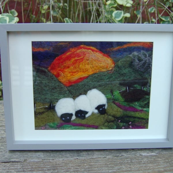 Needle felt picture Early morning Sheep -Yorkshire dales landscape - 