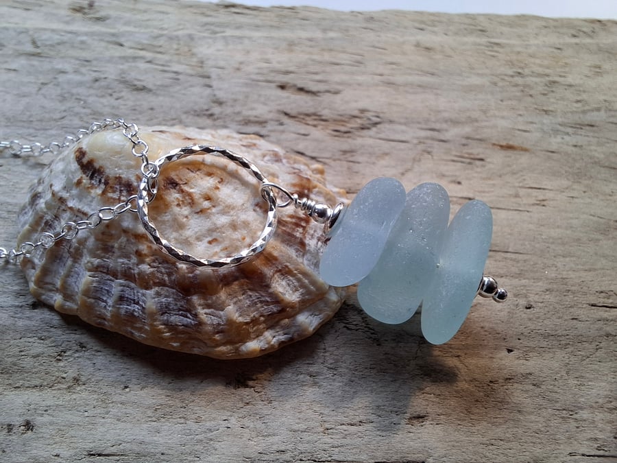 Cornflower Blues Marazion Sea Glass Stack on Diamond Cut Ring Necklace N669