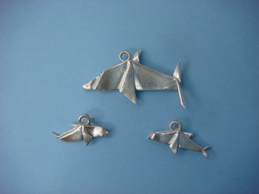 Origami dolphin Pendant and earring set, fine silver