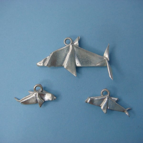 Origami dolphin Pendant and earring set, fine silver