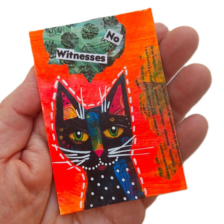 Whimsical Cat Pop Art Miniature ACEO Painting Mixed Media Original Kitty Artwork