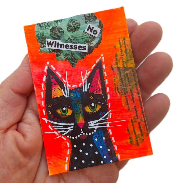 Whimsical Cat Pop Art Miniature ACEO Painting Mixed Media Original Kitty Artwork