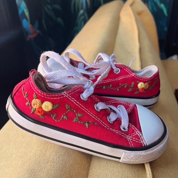Children’s Hand-Embroidered Red Converse Trainers – Rose Detail – One of a Kind 
