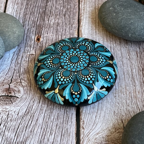 Green & Turquoise Mandala Acrylic Painted Rock Art Stone Hand Painted Unique