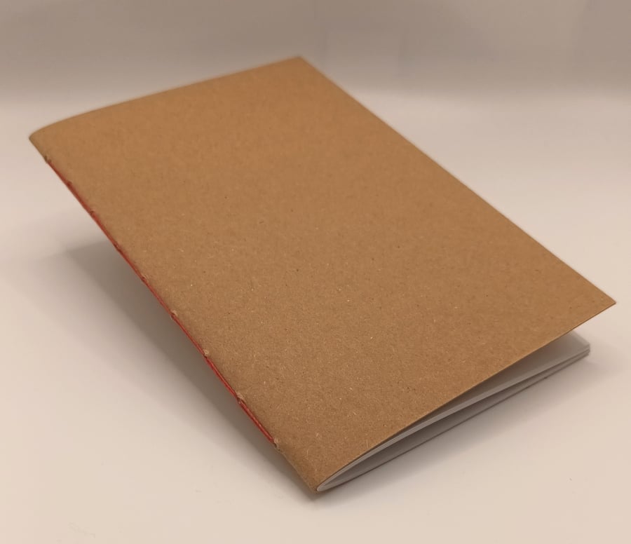 Hand bound, A6 Kraft cover Notebook, Red binding, Off White paper