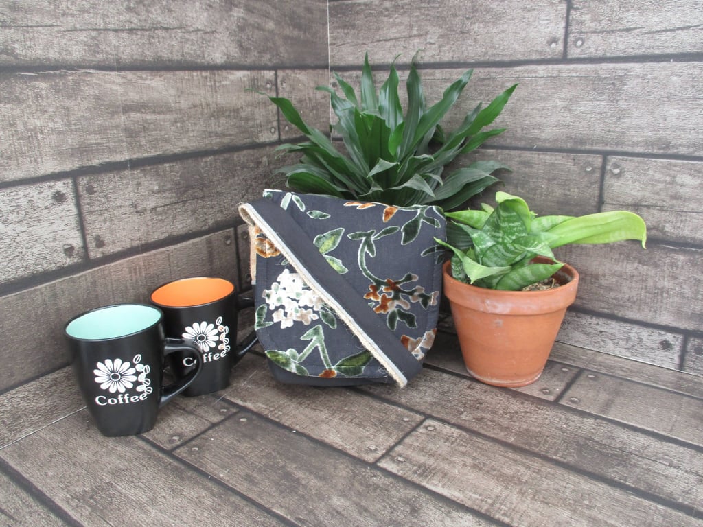 Upcycled Coffee Sack - Mini Shoulder Bag - Black with floral pattern