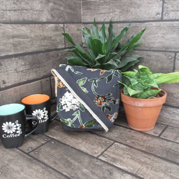 Upcycled Coffee Sack - Mini Shoulder Bag - Black with floral pattern
