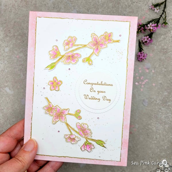 Wedding Card - Cards, Cherry Blossom, Handmade, Embossed, Pink, Gold