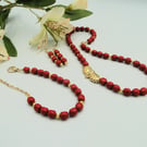 Red and Gold necklace bracelet and earrings   recycled focus gold centre