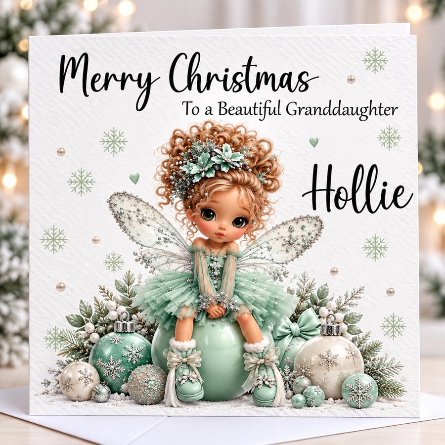 Personalised Fairy Christmas Card-Add Name & Relation-Cute Mint Green Xmas Card