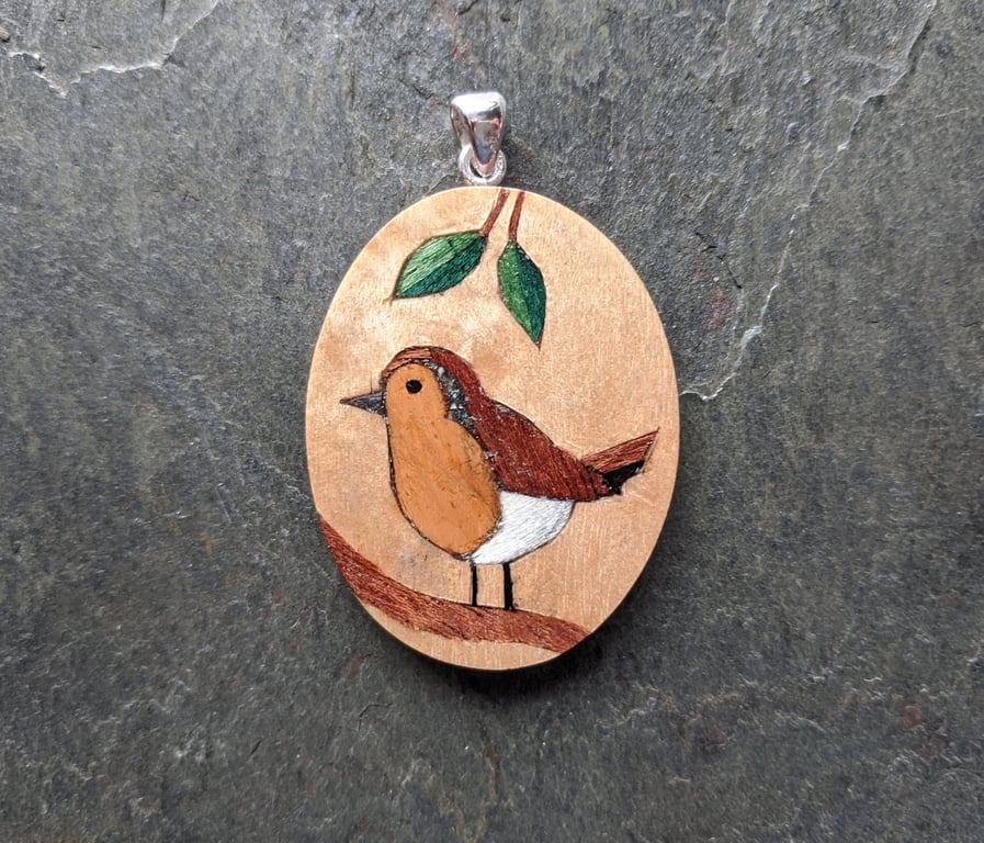 Handmade Miniature Marquetry Robin Pendant, wood silver