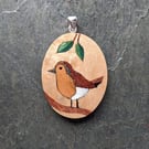 Handmade Miniature Marquetry Robin Pendant, wood silver