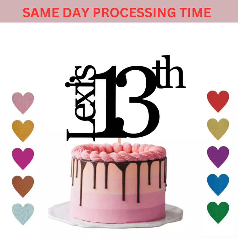 Happy Birthday Cake Topper, Custom Name and Age Cake Topper, 13th Cake Topper