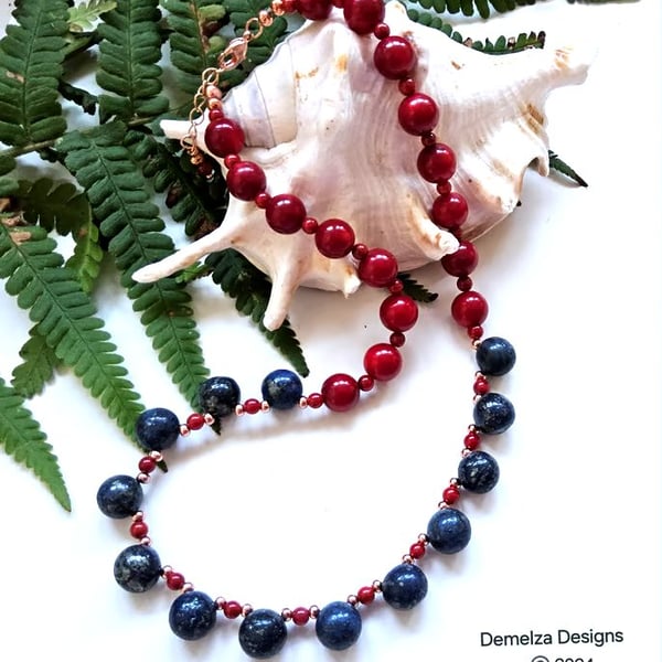 Eco Red Coral, Lapis Lazuli Hand Made Rose Gold Plated Necklace