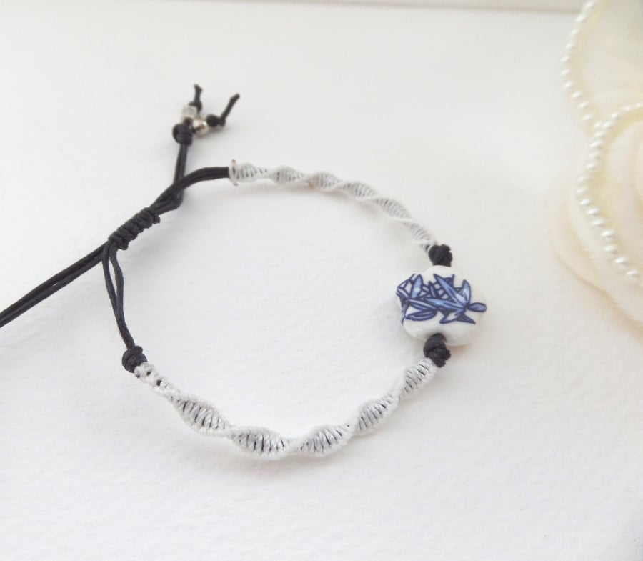 Ceramic Flower Bracelet, Black cotton cord Adjustable