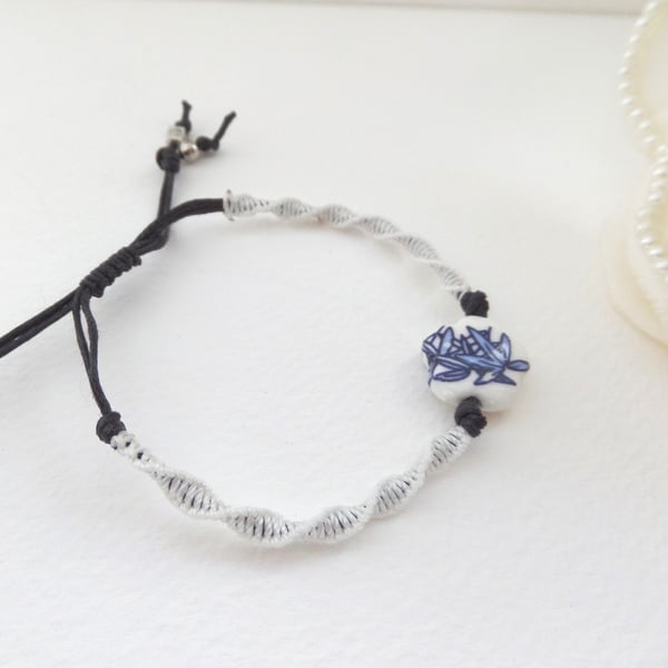Ceramic Flower Bracelet, Black cotton cord Adjustable